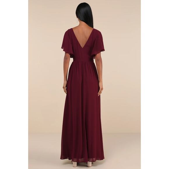 NWT Lulus Convincing Grace Burgundy Flutter Sleeve Wrap Maxi Dress Wedding Sz M - Picture 3 of 8